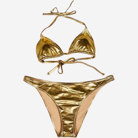 NWOT American Eagle Aerie Gold Foil Metallic String Bikini Set Size Large - Picture 1 of 5